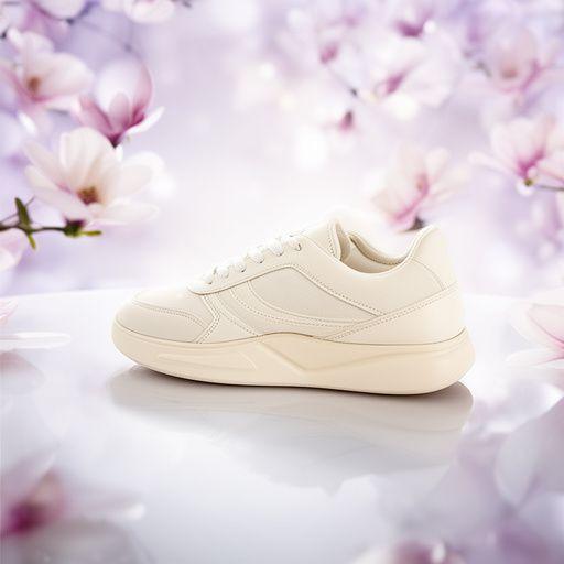 Neues Schuhmodell Magnolia Step auf einem hellen Tisch mit zarter Blütenreflexion