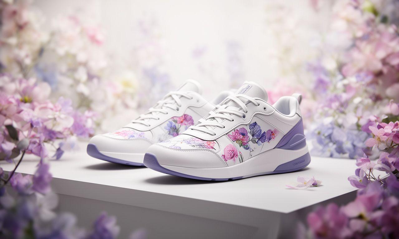 Moderne florale Schuhe in einem hellen Studio mit Blüten und sanftem Licht