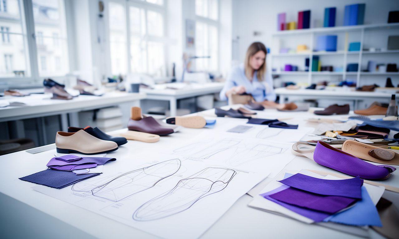 Team in einem hellen Zürcher Atelier mit Schuhmustern, Blütenstoffen und grossen Werkbänken