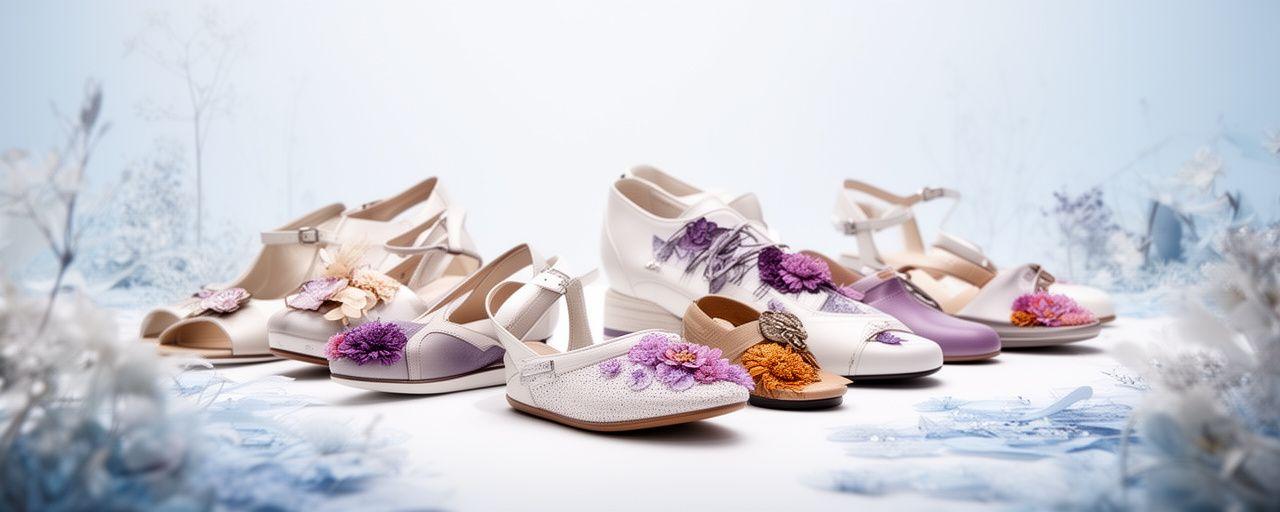 Schuhkollektion von EdelweissBloom auf einem hellen Studiotisch mit floralen Akzenten und nachhaltigen Materialien
