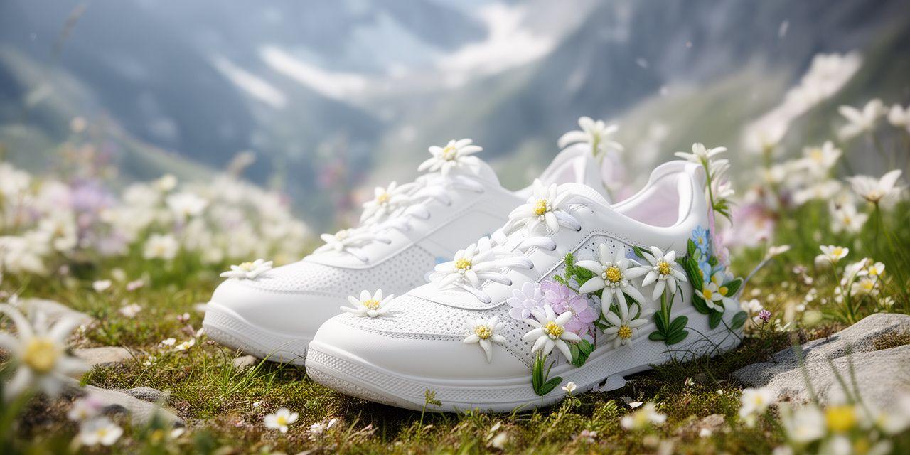 Edelweiss-inspirierte Schuhe auf einer hellen Naturkulisse mit Blüten und Alpenstein